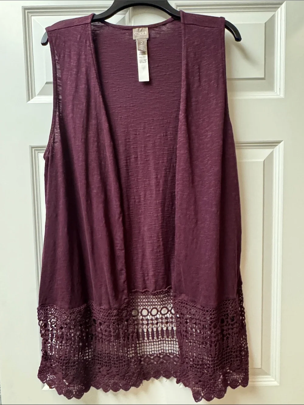 Chico’s Plum Sleeveless Open-Front Crochet-Hem Vest - Size Large (Chico’s 2)